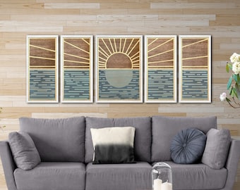 Geometric Sunrise Wood Wall Art: 5 Panel Beach House Decor