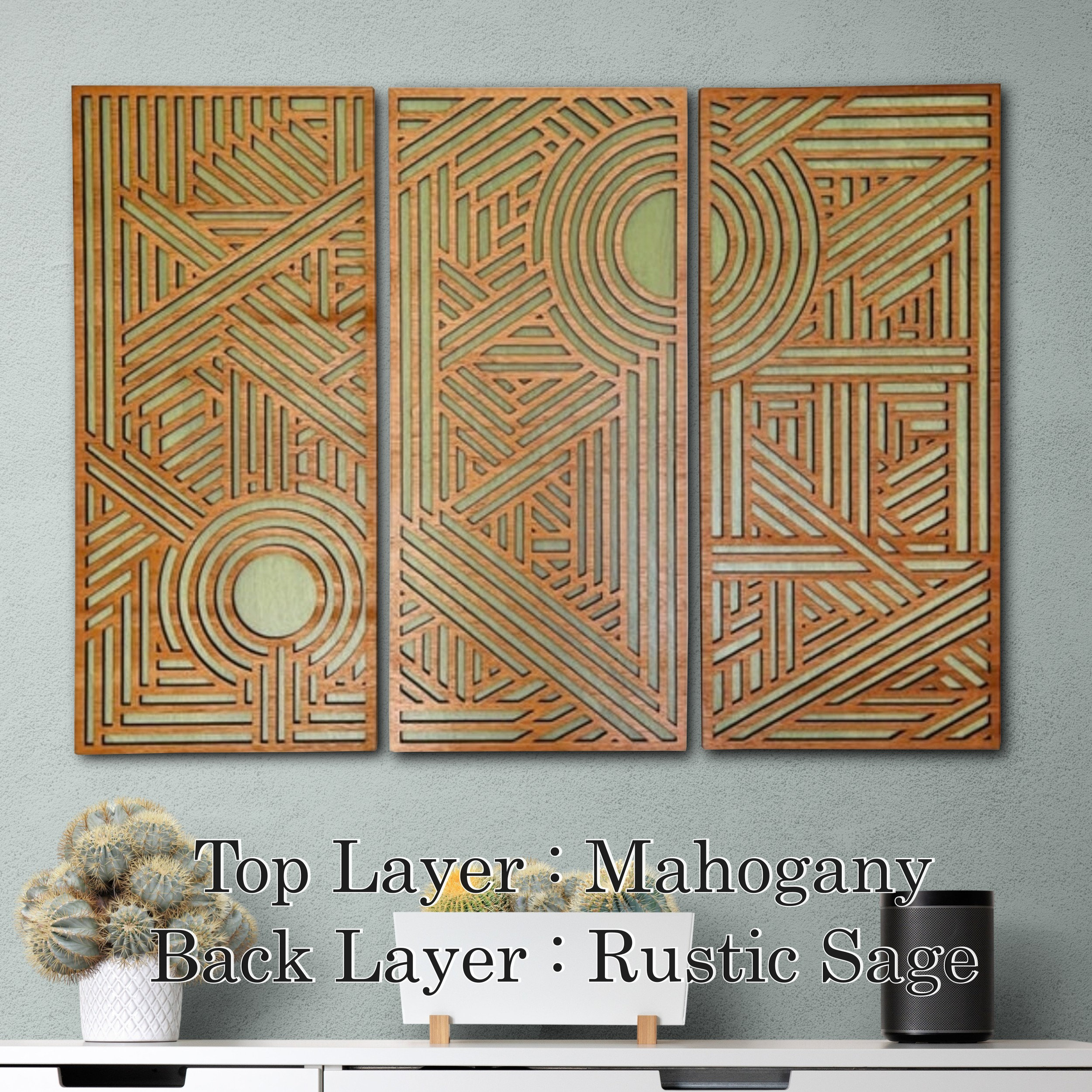 Geometric Triptych, Layered Wood Wall Art, Art Deco Design, Rustic