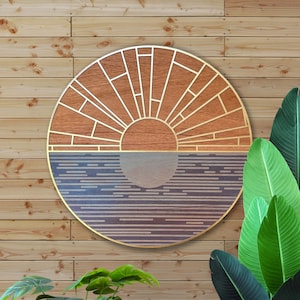 Geometric Sunrise, Minimalist Layered Wood Wall Art, Circular Beach House Wall Hanging image 1