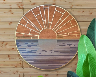 Geometric Sunrise, Minimalist Layered Wood Wall Art, Circular Beach House Wall Hanging