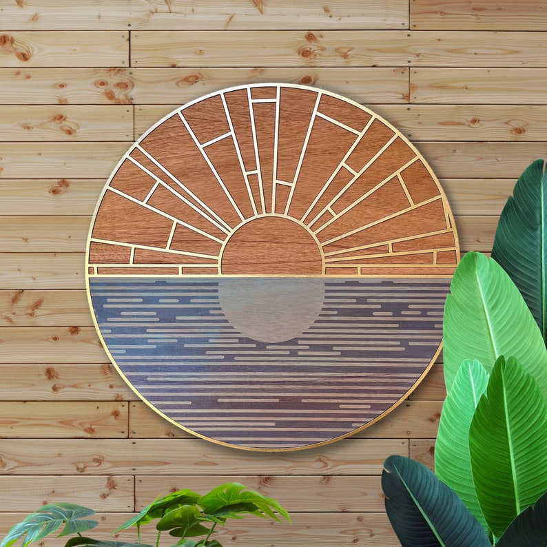 Geometric Sunrise, Minimalist Layered Wood Wall Art, Circular Beach House Wall Hanging image 1