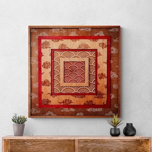 Spreading Sunlight, Engraved Pattern on Wood, Large Square Panel Decor, Layered Wood Wall Art