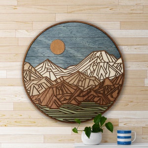 Mountain Decor, Wood Wall Art, Geometric Landscape, Circular Wall Art