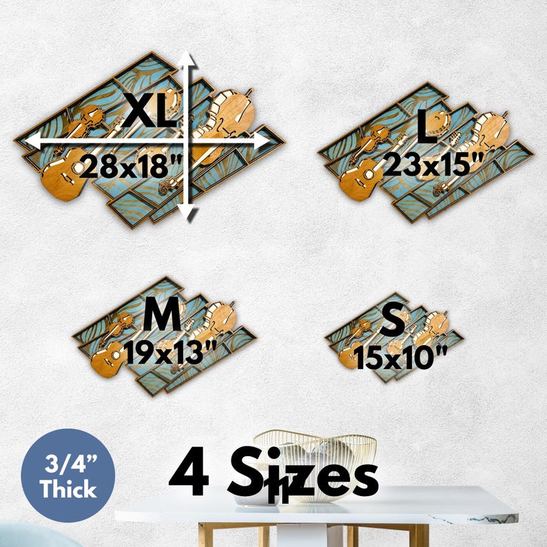 May include: Four wooden wall art pieces featuring musical instruments like violins and guitars against a teal patterned background. Sizes include XL 28x18 inches, L 23x15 inches, M 19x13 inches, and S 15x10 inches, all measuring 3/4 inches thick.
