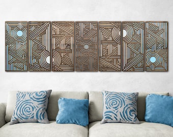 Large Wood Wall Art, 7 Panel Living Room Decor, Long Horizontal Art Deco Design, Above Bed Decor