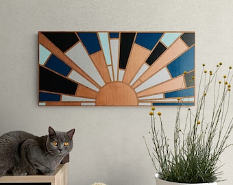 Abstract Sunrise, Vibrant Horizontal Wall Art, Geometric Wood Wall Decor