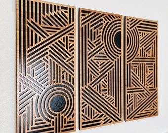 Geometric Triptych, Layered Wood Wall Art, Art Deco Design, Rustic Decor