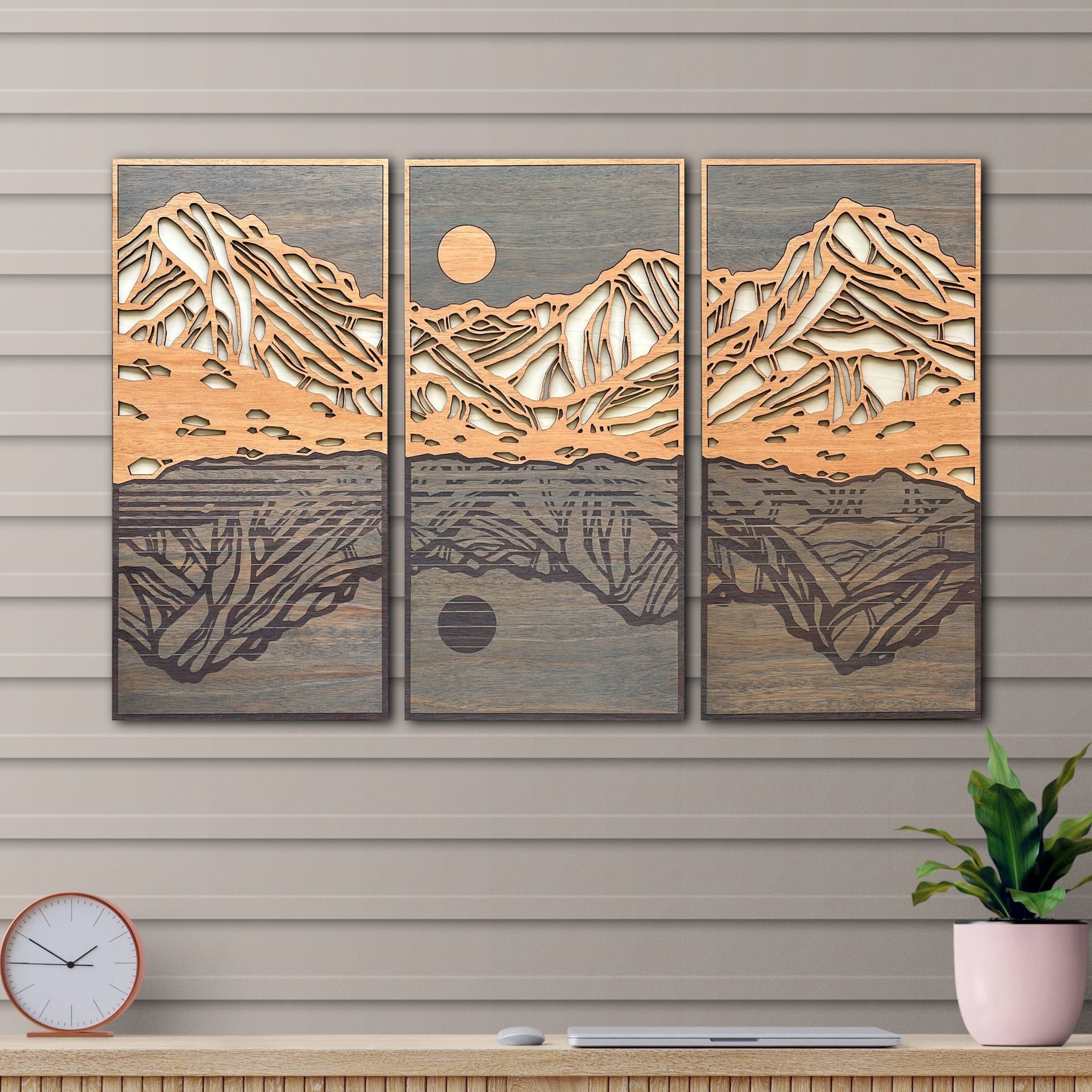 Mountains Triptych, Wood Wall Art, 3 Piece Mountain Art, Cabin