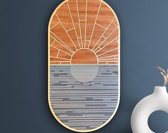 Geometric Sunrise Wood Wall Art: Coastal Beach House Decor