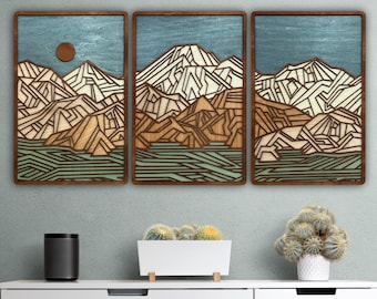 Mountain Art, Triptych, Above Bed Decor, Wood Wall Art