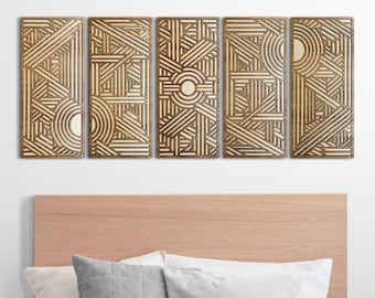 Art Deco Geometric Wood Wall Art Set, Geometric 5 Panel Above Bed Decor