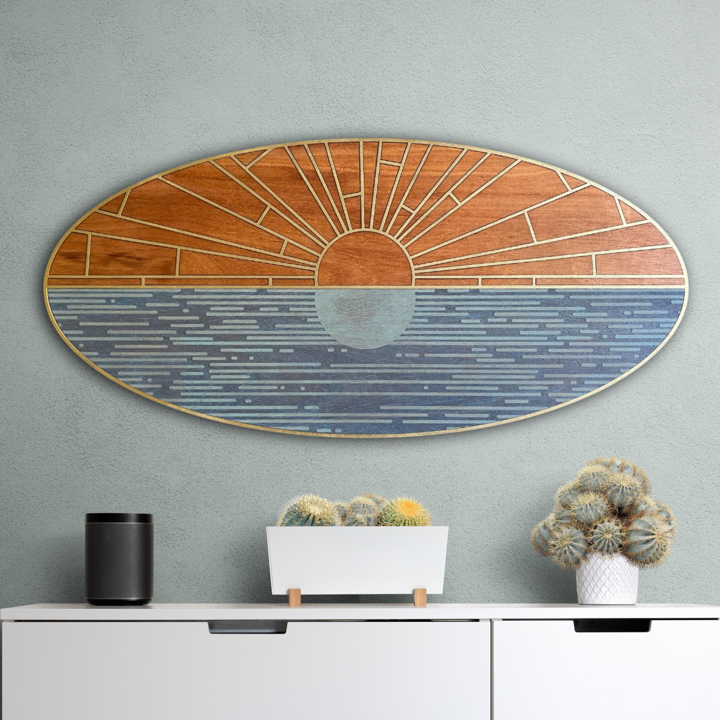 Geometric Sunrise Wood Wall Art: Coastal Decor