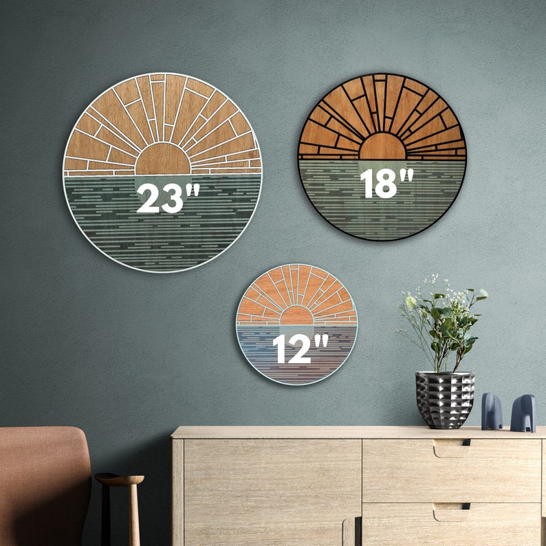 Geometric Sunrise, Minimalist Layered Wood Wall Art, Circular Beach House Wall Hanging image 3