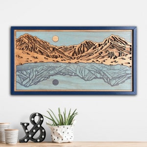 Layered Wood Mountain Lake Art: Hand-Painted Cabin Decor
