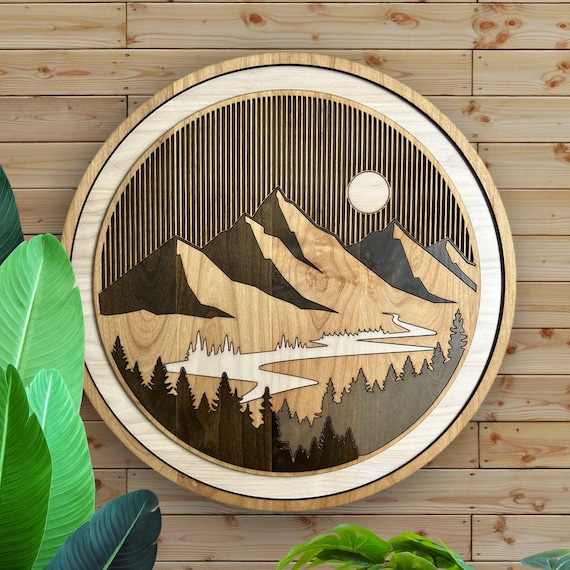 Mountain River Wall Art, Layered Alder Wood Decor, Landscape Wall Hanging