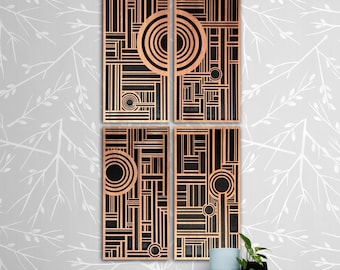 Geometric Wall Art, All Wood Deco Decor, Handmade Vertical 4 Panel