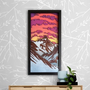 3D Wood Mountain Wall Art: Layered Sunrise Landscape