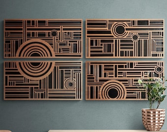 Geometric Wall Art, All Wood Art Deco Decor, Handmade Horizontal 4 Panel