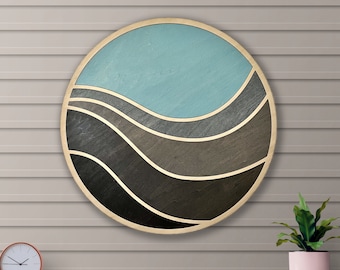 Wave Wall Art, Circular Wood Sign, Surf Decor
