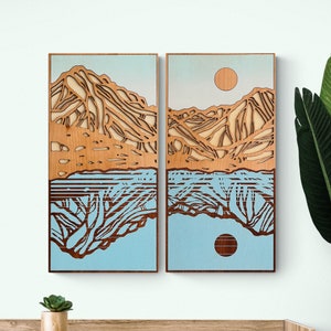 Wood Mountain Range Wall Art: Laser Cut Diptych, Cabin Decor