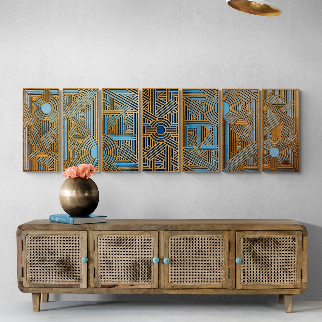 Geometric Wall Art, All Wood Art Deco Decor, Handmade Horizontal 4 Panel