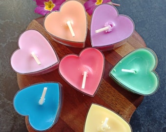 Coloured Heart Shaped Natural Soy Wax Tea Lights - -Fragranced or Unscented -  3-4 hours burn time - 6 tea lights