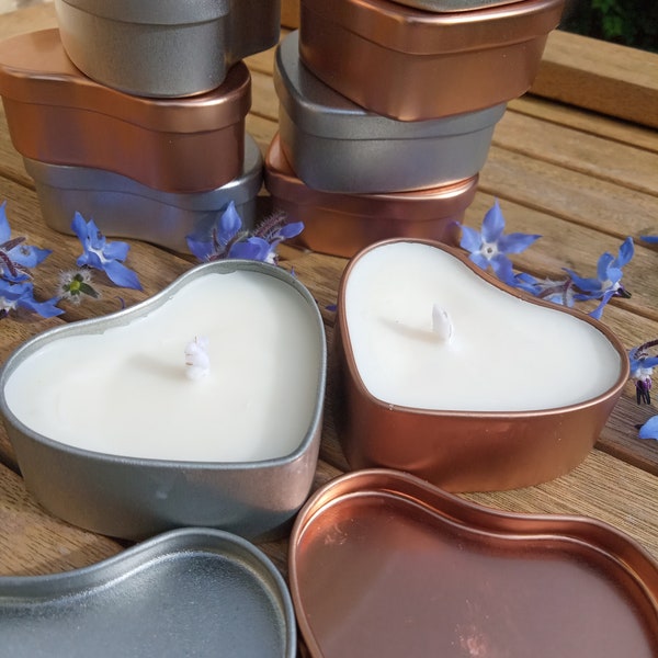 Hand Poured Scented Soy Wax Candle in a Heart Shaped Tin in Rose Gold or Silver -   with approximately 10 hours burn time!