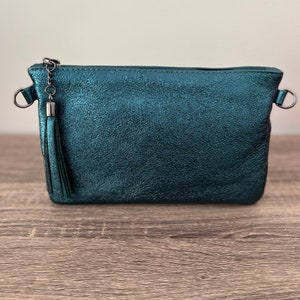 Pochette bandoulière, sac en cuir véritable Bleu pétrole