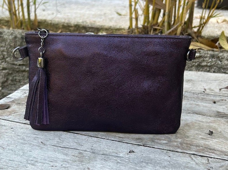 Pochette bandoulière, sac en cuir véritable Violine