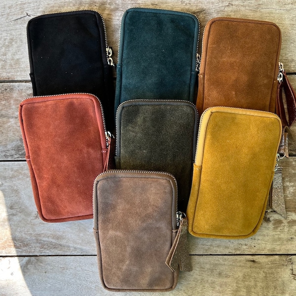 Etui pour téléphone portable en cuir, daim, peau. Petit sac bandoulière