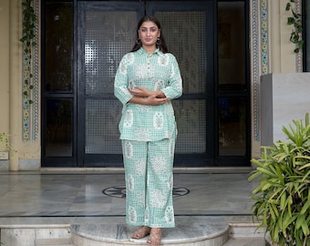 Sea Green Cotton Co-Ord Set, Geometric Print Kurti Pant Set
