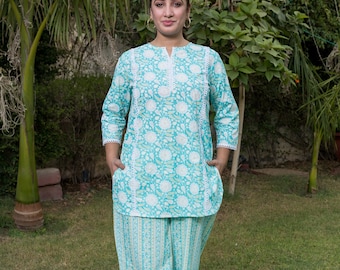Block Print Cotton Coord Set: Sky Blue Jaipuri Kurti Pant