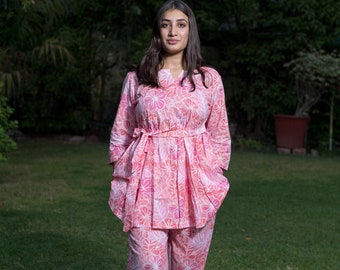 Pink Floral Cotton Co-ord Set, Peplum Top & Pocket Bottoms