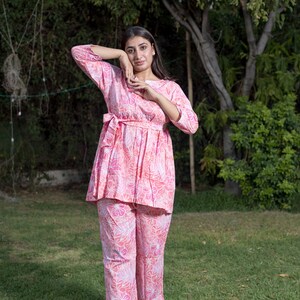 Pink Floral Cotton Co-ord Set, Peplum Top & Pocket Bottoms image 3