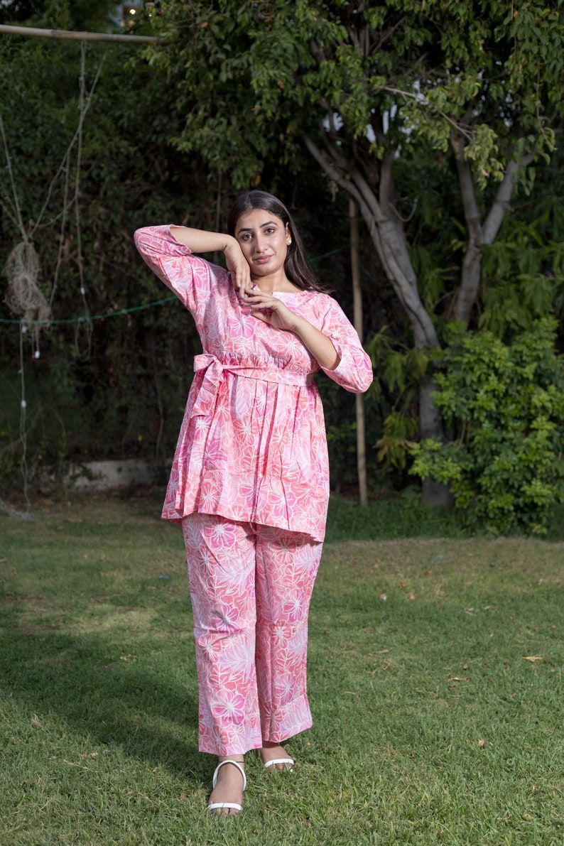 Pink Floral Cotton Co-ord Set, Peplum Top & Pocket Bottoms image 3