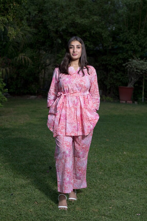Pink Floral Cotton Co-ord Set, Peplum Top & Pocket Bottoms