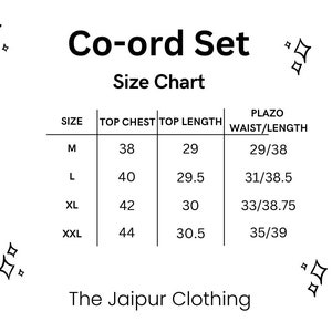 May include: Size chart for a co-ord set, showing measurements in inches for top chest, top length, and waist/length in sizes M, L, XL, and XXL.