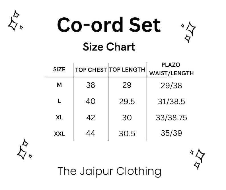 May include: Size chart for a co-ord set, showing measurements in inches for top chest, top length, and waist/length in sizes M, L, XL, and XXL.