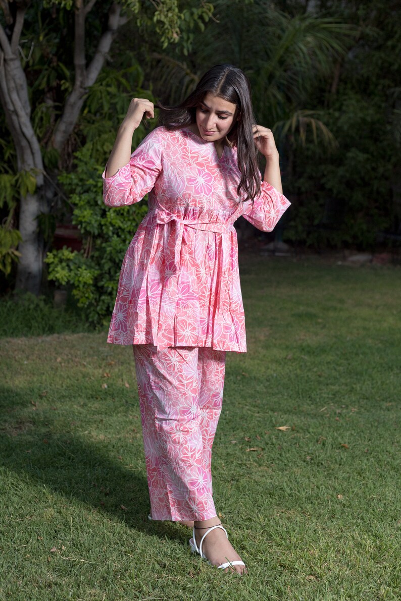 Pink Floral Cotton Co-ord Set, Peplum Top & Pocket Bottoms image 2