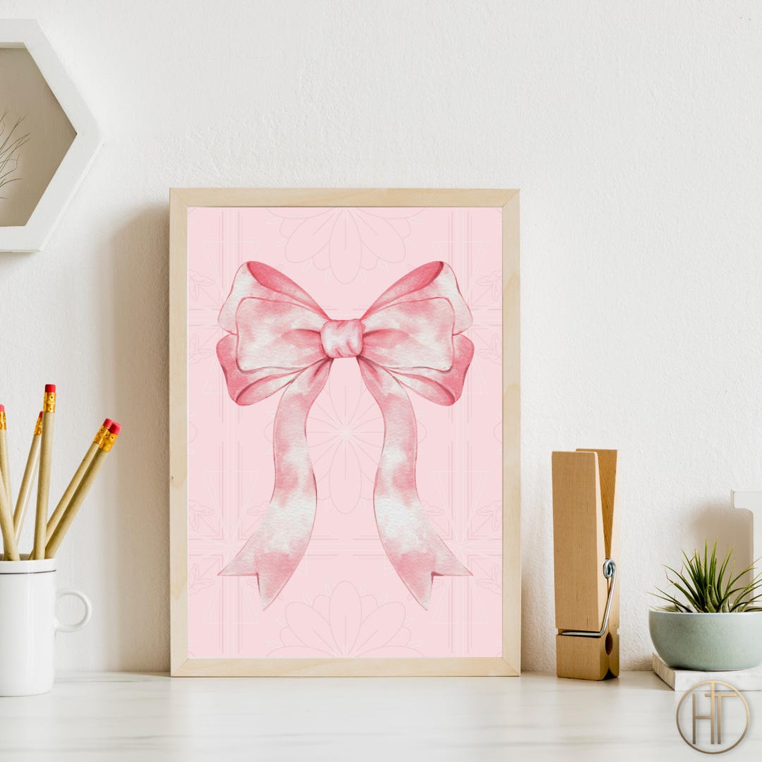Pink Bow Wall Art Coquette Aesthetic Print Watercolor Ribbon Poster ...