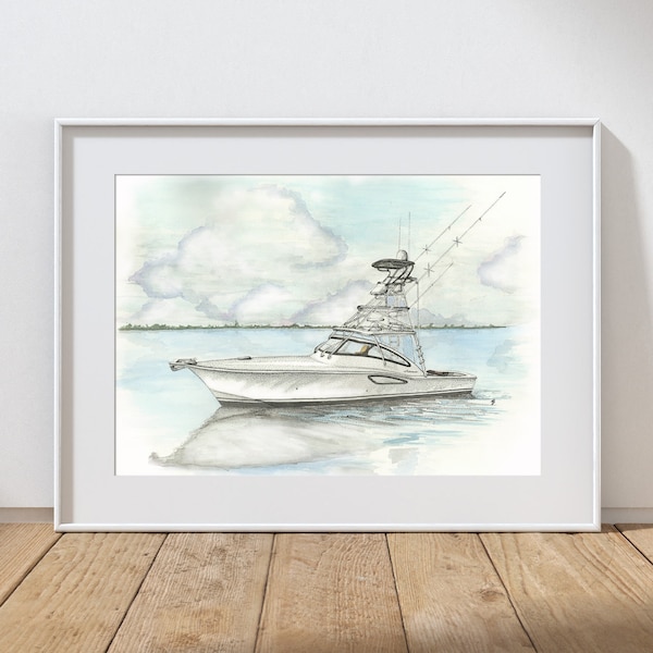 Sportfishing Yacht - 41ft  Albemarle Express boat - Watercolor Print, coastal beach cottage, wall art for office, fishermen gift.