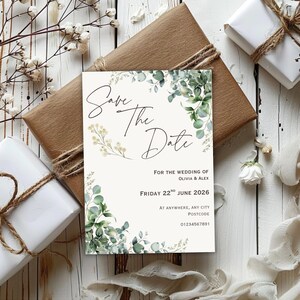 Plantilla editable para guardar la fecha, invitación de boda con vegetación, descarga de Canva, invitación rústica de eucalipto, tarjeta de boda imprimible, imprimible