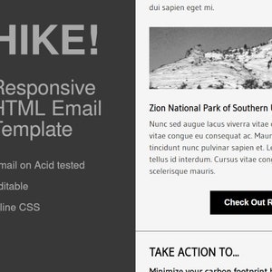 May include: A black and white image of a mountain range with the text "HIKE!" and "Zion National Park of Southern Utah" in a newsletter template. The text "Check Out Recent Posts" is on a button.