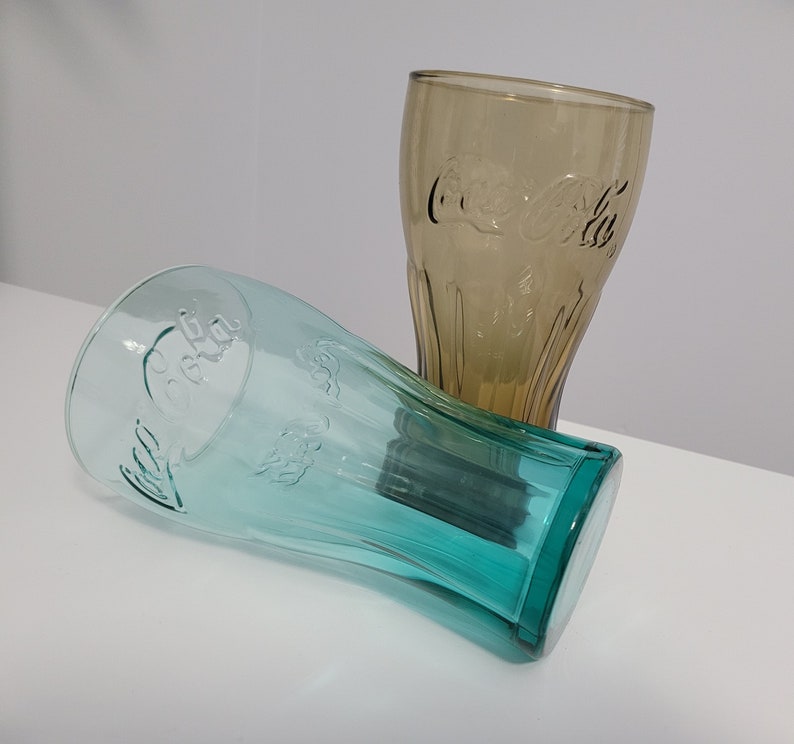 Coca cola drinking glasses set brown and blue glass etsy