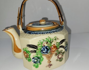 Antique, Porcelain, Japanese Majolica, Teapot, with Bamboo, wicker Handle