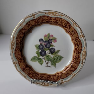 Puede incluir: Un plato de porcelana blanca con un borde dorado y un dise&ntilde;o floral marr&oacute;n y dorado. El centro del plato presenta una imagen pintada a mano de una rama de moras con hojas verdes y moras negras.