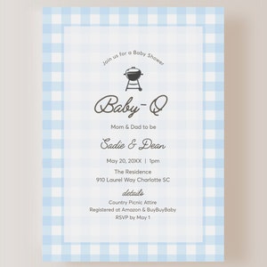 Baby-Q BBQ Cookout Baby Shower Sprinkle Gingham Invite E-vite 5&quot;x7&quot;