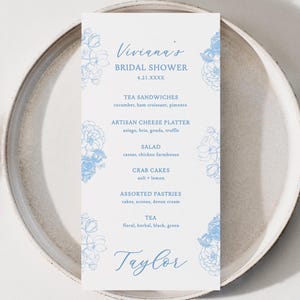Blaues Blumen Toile Menü Braut Baby Shower Sprinkle Brunch 4 "x 8"