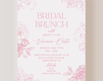 Rose Pink Toile Bridal Baby Shower Sprinkle Brunch Invite E-vite 5"x7"