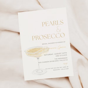 Pearls & Prosecco Bridal Baby Wedding Shower Galentines Birthday Invite E-vite 5&quot;x7&quot;